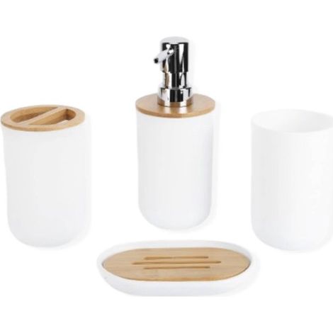 Juego de 4 accesorios de baño: portacepillos de dientes, platillo, dispensador de loción y vaso para enjuague bucal, hotel y baño (blanco)