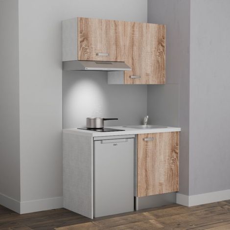 Kitchenette K01L-PT - 120 cm avec plan de travail et évier - Façade Bois - Plan Blanc - Crédences Non