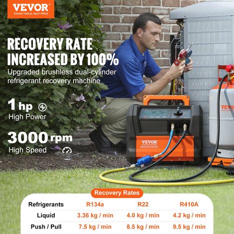 Station de Récupération Fluides Frigorigènes 1 HP, Machine de Récupération de Réfrigérant Portable, Double Cylindre, Moteur sans Balais de 3000 tr/min, pour Auto, Climatisation, CVC Domestique (1/5)