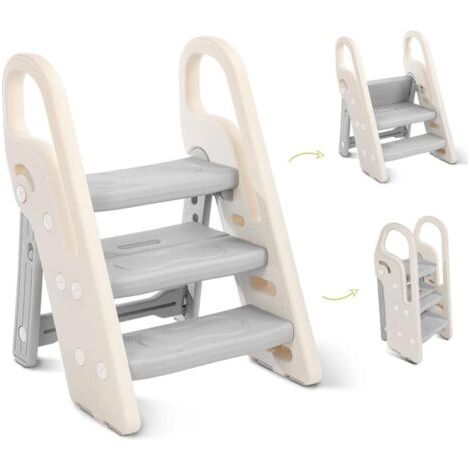 Marche Pied Pliable pour Enfant, Marchepied 3 Marches pour bébé, Marchepieds Hauteur réglable pour Chambre de bébé Rehausseur Stable, Multifonction et Antidérapant, avec Poignées Sécurité,654946cm,Gri (1/5)