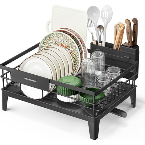 1 Égouttoir à vaisselle, bec rotatif 360°, extensible, porte-couverts amovible, acier noir, cuisine (1/5)