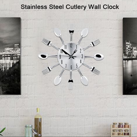 Horloge murale en acier inoxydable argentée représentant des couverts (couteau, fourchette, cuillère), pour la cuisine. Décoration de cuisine. (1/5)