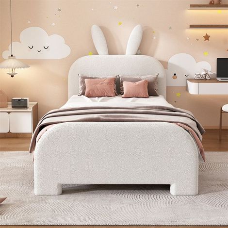 Lit enfant 90 x 200 cm rembourré en laine de mouton, motif lapin blanc, 2 tiroirs, capacité 150 kg