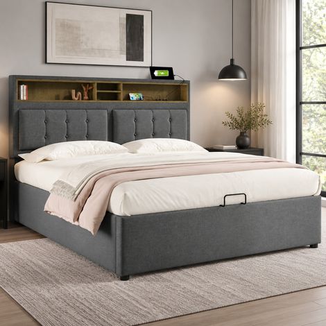 Letto matrimoniale 160x200 in tessuto grigio con contenitore, camera, senza materasso - FLORAGRACE (1/5)
