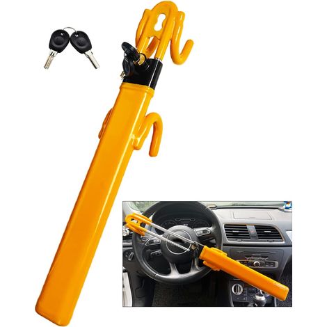 Adecuado para el bloqueo del volante, antirrobo, dispositivo de seguridad para automóviles de alta resistencia, longitud ajustable, abrazadera, cierres de doble gancho, ajuste universal (amarillo) (1/5)