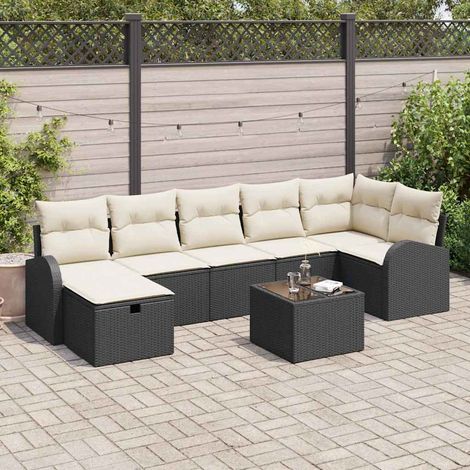 Ensemble de Jardin Salon 3 Pcs Noir  2 Fauteuils + Banc Réglables en Rotin Poly avec Housse 100% Polyester et Coussins  Table en Verre Trempé  Mobilier d'Extérieur Résistant aux Intempéries (1/5)