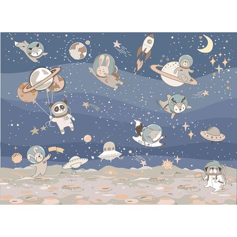 Papier peint panoramique Enfants - Animaux de l'espace - 195 cm x 142 cm (1/2)