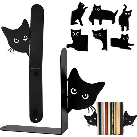 2 Pièces Serre Livres en Métal Design Chat, Cale Livre Bibliothèque Minimaliste Antidérapant avec Marque-Page Magnétique pour Étudiants, Bureau et Décoration Maison (1/5)