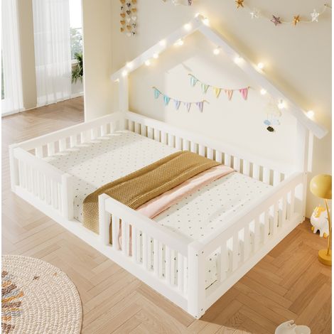 Cama infantil 90x200 cm blanca de madera con barrera de seguridad y guirnalda LED (1/5)