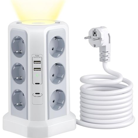 12-fach-Turmsteckdosenleiste (4000 W / 16 A) mit 20 W USB-C PD, Überspannungsschutz, 4 USB-Anschlüssen und Schaltern – PASSUS, 1,8 m Kabel