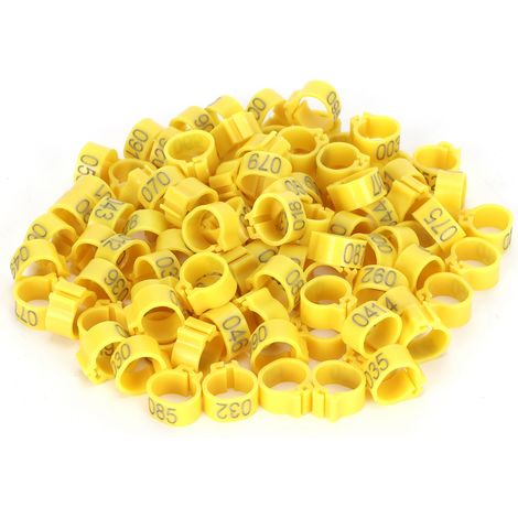 100 Bagues d'Identification pour Pigeons Numérotées 001-100, 10mm, Jaune - Accessoire Avicole