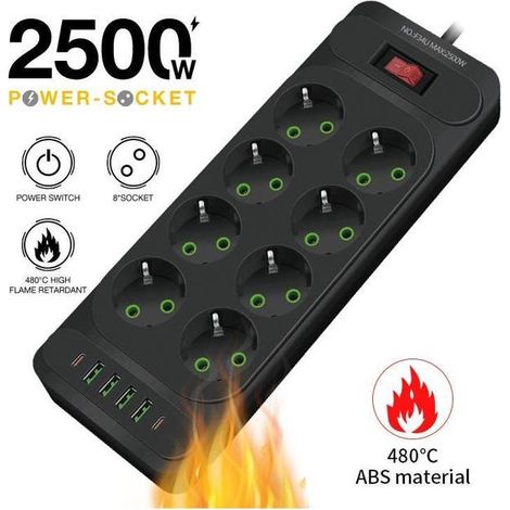 Multiprise USB avec protection contre les surtensions - 8 prises - 4 ports (5 V 3,4 A) -rallonge de station de charge intelligente - avec câble de 2 m (1/5)