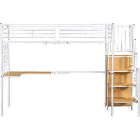 Hochbett aus Eisen 90 x 200 cm mit Schreibtisch und Schrank, weiß und natur (1/5)