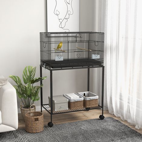 Jaula para Pájaros con Ruedas 77x46x119 cm Jaula Metálica para Aves con Bandeja Extraíble 2 Perchas 2 Comederos Negro (1/5)