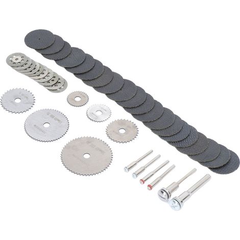 Kit d'outils comprenant 42 pièces : lames de scie pour métal et bois, disques à tronçonner et disques à meuler.