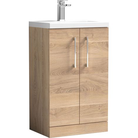 Nuie Arno Compact Floor Standing 2-Door Vanity Unit with Ceramic Basin 500mm Wide - Bleached Oak (1/5)