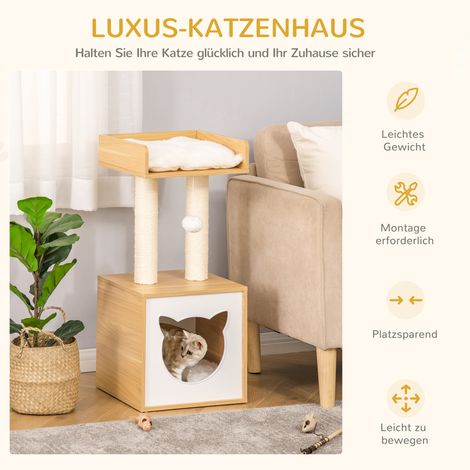 Grotte pour chat avec coussin lavable, plateforme, poteau à griffer, balle de jeu, maison pour chat d'intérieur 35 x 35 x 81 cm chêne (1/5)