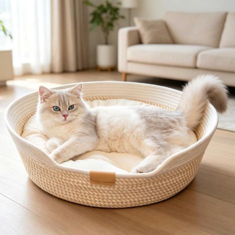 Nid pour Chat, Panier Tressé pour Chat, Cotton Corde Panier, Lit Douillet De Qualité Supérieure, Respirant Lavable pour Tous Les, Toutes Saisons, Universel, 50 15cm, Gris Et Kaki (1/5)