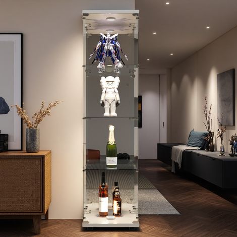 Vitrine en verre éclairée LED 42x36x164 cm, 4 niveaux, vitrine avec miroir, vitrine de collectionneur, vitrine de rangement pour salon, chambre ou bureau, blanc (1/5)