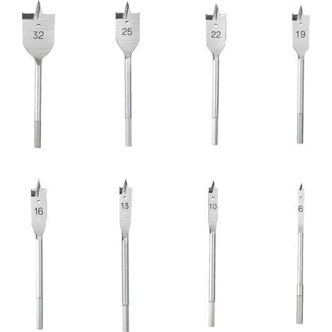 8 Pièces Mèche à Bois Plate, Mèches Plates en Acier au Carbone,Ø6-32 mm Mèches Plates, Accessoire Perceuse à Percussion pour Bois Résineux,Panneau Aggloméré, Contreplaqué,Plastique Coupes (1/5)