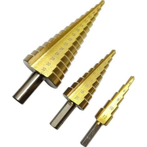 Set de 3 forets étagés HSS en titane – Plage de perçage 4 à 32 mm – Étage conique – Pour perçage précis et polyvalent
