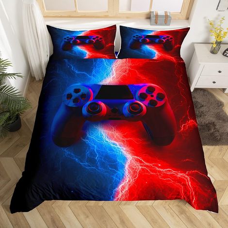 Parure de lit avec housse de couette 135 x 200 cm, motif manette de jeu vidéo, pour enfants, adolescents, garçons, chambre à coucher moderne, 2 pièces, rouge/bleu (1/5)
