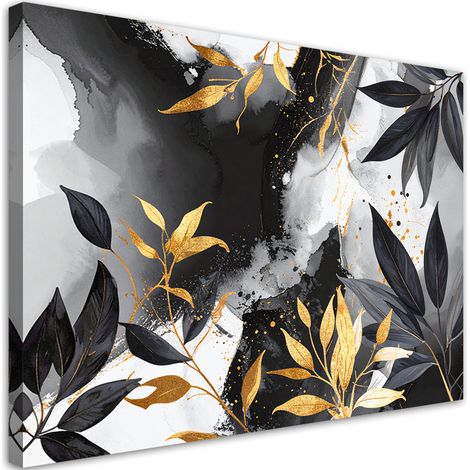 Image sur Toile, Feuilles noires et dorées plantes abstraction,30x20 (1/4)