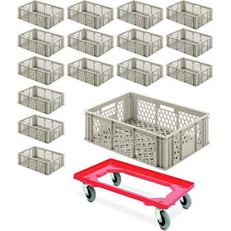 BRB 16x Eurobehälter durchbrochen 600x400x200 mm, 38,5 Liter, kieselgrau PLUS Transportroller mit Flüsterrollen