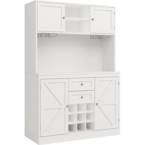 Armoire de cuisine avec étagères réglables et casier à vin, buffet de cuisine haut avec 4 portes et 2 tiroirs, buffet pour cuisine et salon, armoire buffet, Blanc