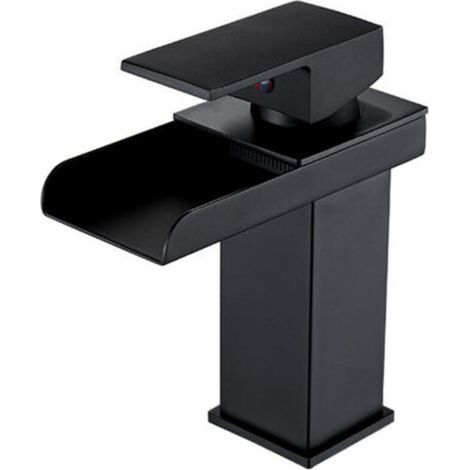 Moderne Noir Robinet de Salle de Bain en Laiton, Mitigeur Lavabo Cascade, Robinet Lavabo avec Bec Hauteur 200mm, Eau Froide & Chaude Disponible (1/5)