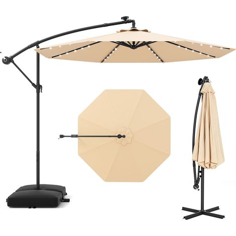 GOPLUS Parasol de Jardin avec 32 Lampes Solaires, Parasol Déporté Inclinable Ø300CM avec Pied de Support, pour Jardin/Plage, Beige
