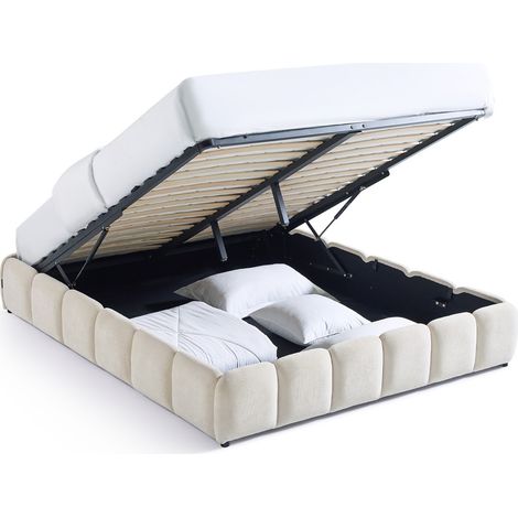 Lit coffre adulte 140x190 cm en tissu chenille beige - Nilsa