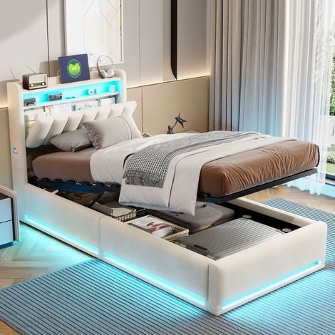 Lit coffre 90x200,lit simple 90x200,lit enfant,lit adulte,lit 1 personne,avec sommier à lattes,LED,USB,tissu en Velours,Beige (1/5)