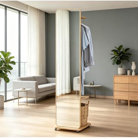 Specchio da terra con appendiabiti, 170 cm, 4 ruote, legno chiaro DESVIAE (1/5)