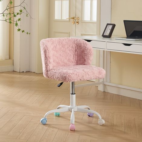 Chaise de bureau fille en fausse fourrure crème, fauteuil pivotant réglable avec roulettes silencieuses, chambre/bureau -Rose