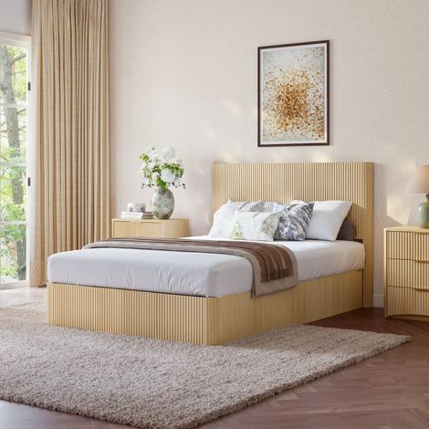 Lit coffre 140x200 cm en MDF et métal, chêne clair, tête de lit rainurée et vérin hydraulique