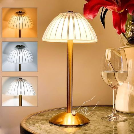 Portable LED mushroom desk lamp with touch sensor - 3 light colors and adjustable brightness, rechargeable gold cordless brass lamp (1/5)