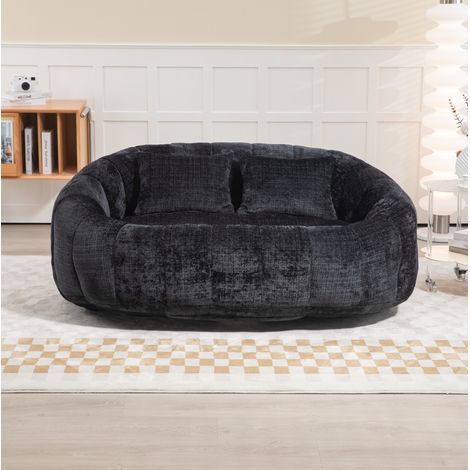 Divano pouf 145x95x63 cm in tessuto ciniglia nero, convertibile per soggiorno FloraGrace (1/5)