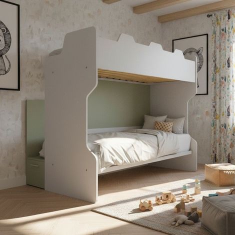 Letto a castello con scala contenitore e terzo letto estraibile - Cameretta salvaspazio - Bianco e Salvia