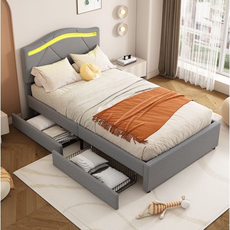 Cama tapizada 90x200 cm gris en lino y MDF, somier de láminas, 2 cajones, cabecero regulable y LED