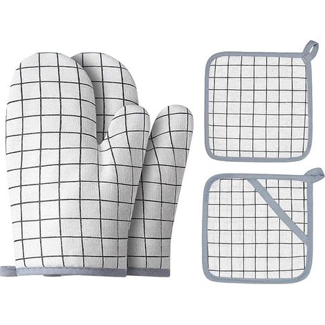 Guantes de algodón para horno y guantes para barbacoa resistentes al calor: adecuados para cocinar, hornear y asar a la parrilla (juego de 4 piezas, cuadros blancos)