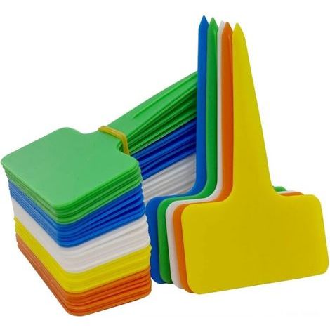 100 Pieces Outdoor Garden Labels, T-Type Plastic Plant Markers, Vegetable Garden Labels with Waterproof Pen, Reusable Labeling for Garden, Outdoor Use - 10 x 6 cm (Multicoloured) (1/5)