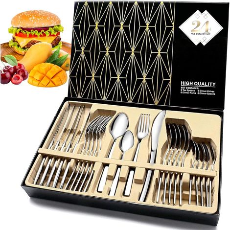Ménagère de 24 Pièces pour 6 Personnes, Couverts de Table Acier Inoxydable, Ensemble de Couverts avec Couteau, Comprend Couteau, Fourchette, Cuillère, Cuillère à Café, Va Au Lave-Vaisselle (1/5)