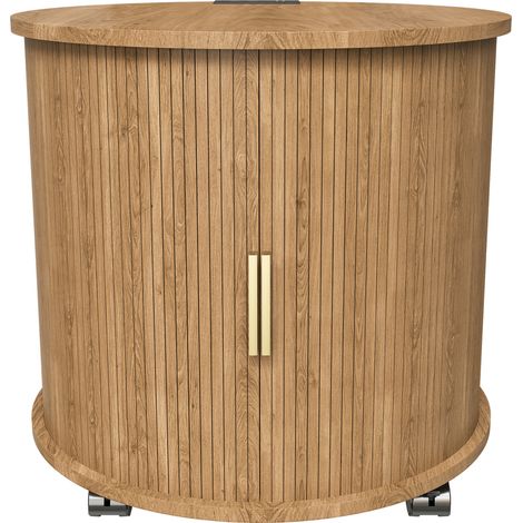 CHICFURN Table de chevet ronde avec station de charge, porte coulissante silencieuse, rangement à 2 niveaux, MDF effet bois clair, roulettes ou pieds, 60 x 60 x 60 cm (1/5)