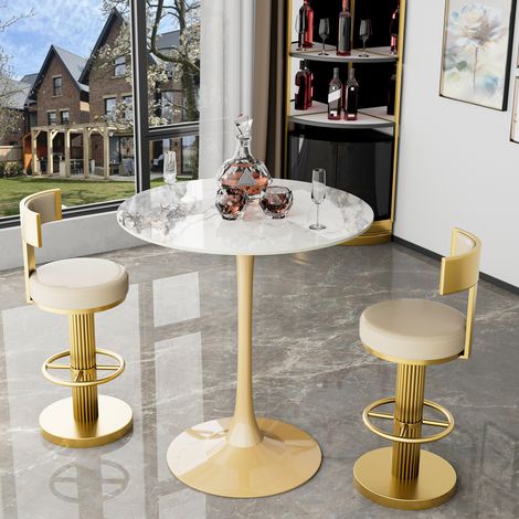 100cm Tall Round Dining Table Marble Modern Tulip Table Slate Tabletop with Golden Pedestal Base, Bistro Kitchen Dining Room, Jade White (1/5)