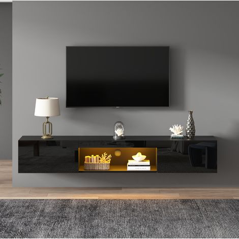 Meuble TV mural 160 cm avec LED et 2 portes, noir, pour hôtel et appartement (1/5)