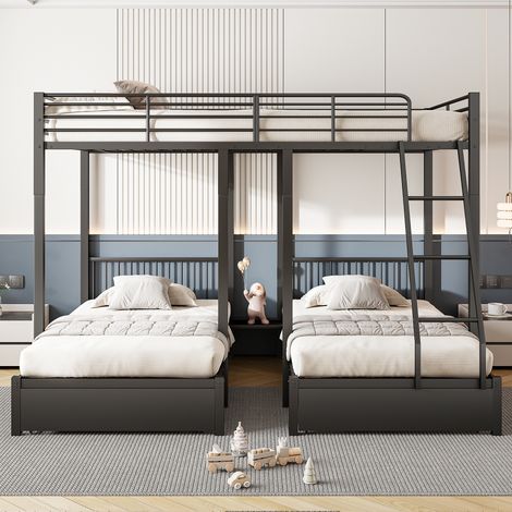 Lit superposé triple avec tiroirs, cadre métallique noir, convertible en lit double 140x200 cm + 2 lits simples 90x200 cm, lit multifonctionnel pour chambre d'enfants (1/4)