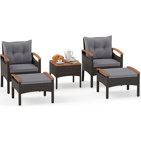 Salon de Jardin en Rotin 5 Pièces, avec 2 Fauteuils 2 Ottomans et Table d'Appoint avec Plateau en Bois d'Acacia, Coussins Amovibles, Gris (1/5)