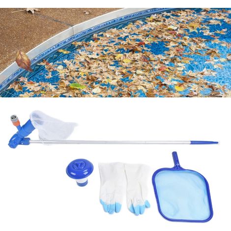 Kit de nettoyage de piscine comprenant une épuisette, une tête d'aspirateur, un doseur de produits chimiques et des gants de nettoyage. (1/5)