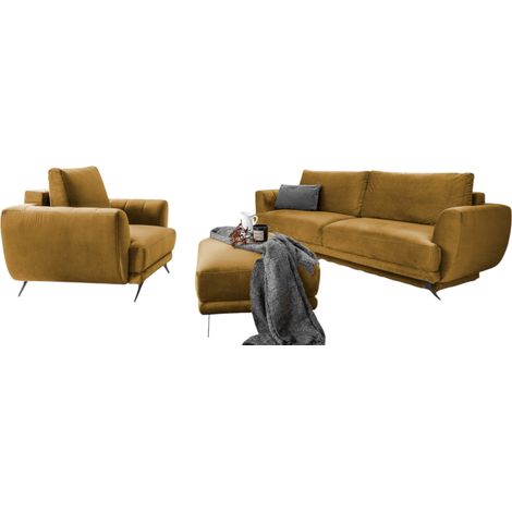 Ensemble canapé convertible velours jaune moutarde Zora - 1 canapé 3 places + 1 fauteuil + 1 pouf (1/5)